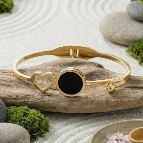 18K Gold Plated Stainless Steel Bangle Bracelet Heart Black Charm Minimalist - Picture 13 of 17